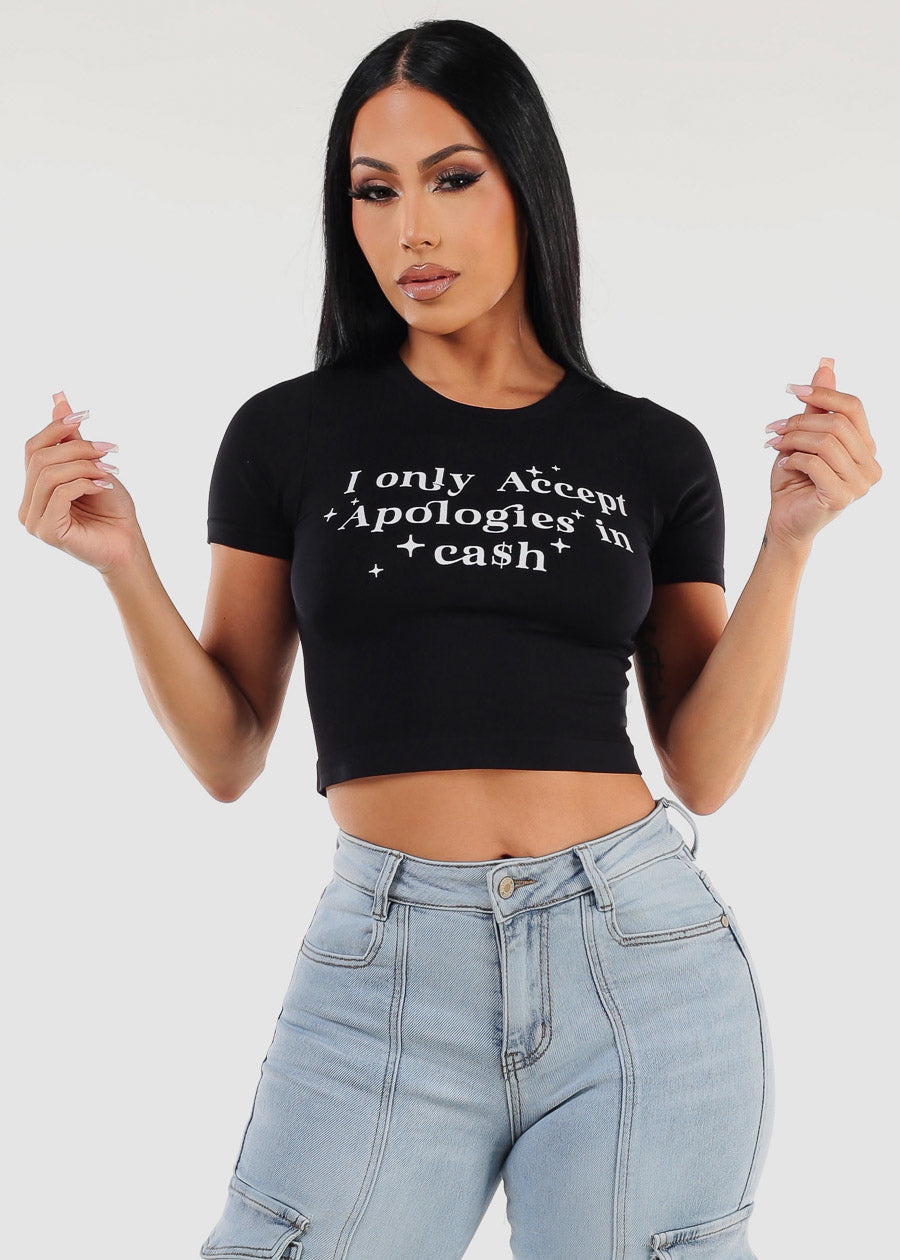 Short Sleeve Black Graphic Crop Top 