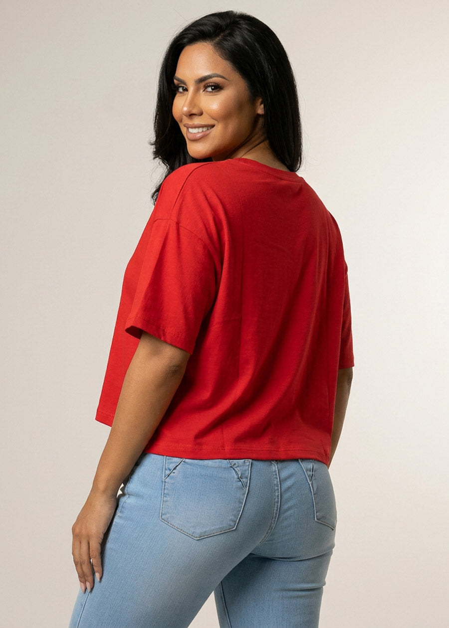 Short Sleeve Round Neck Stretch Oversized Top Red