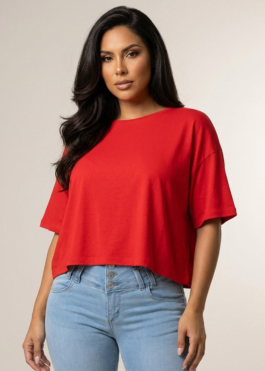 Short Sleeve Round Neck Stretch Oversized Top Red