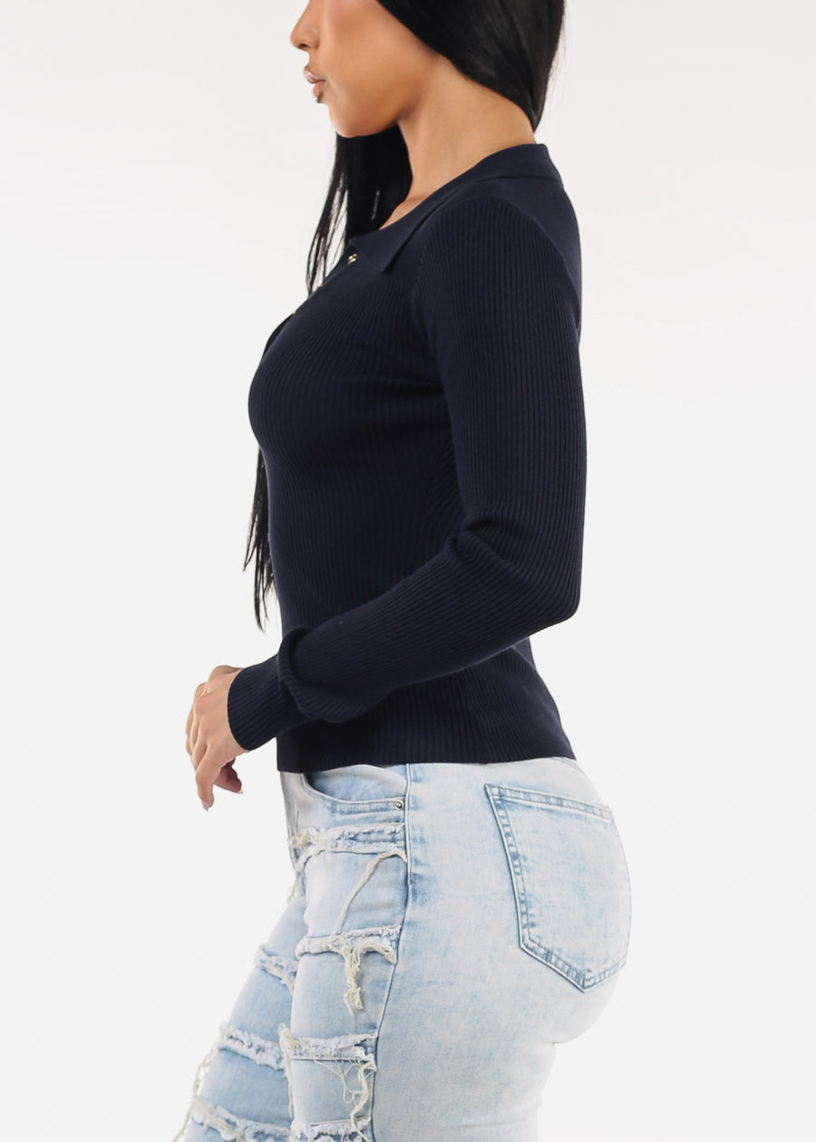 Long Sleeve Collared Rib Knit Sweater Top Navy