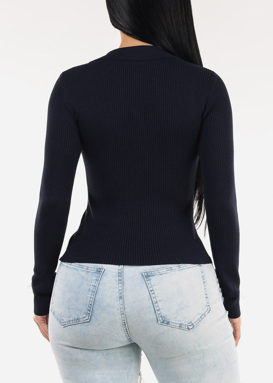 Long Sleeve Collared Rib Knit Sweater Top Navy
