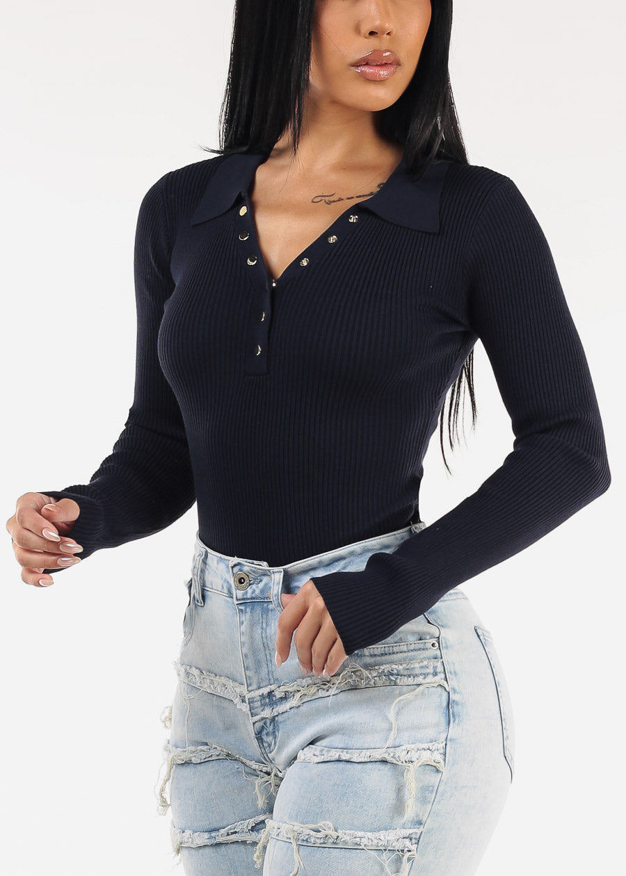 Long Sleeve Collared Rib Knit Sweater Top Navy