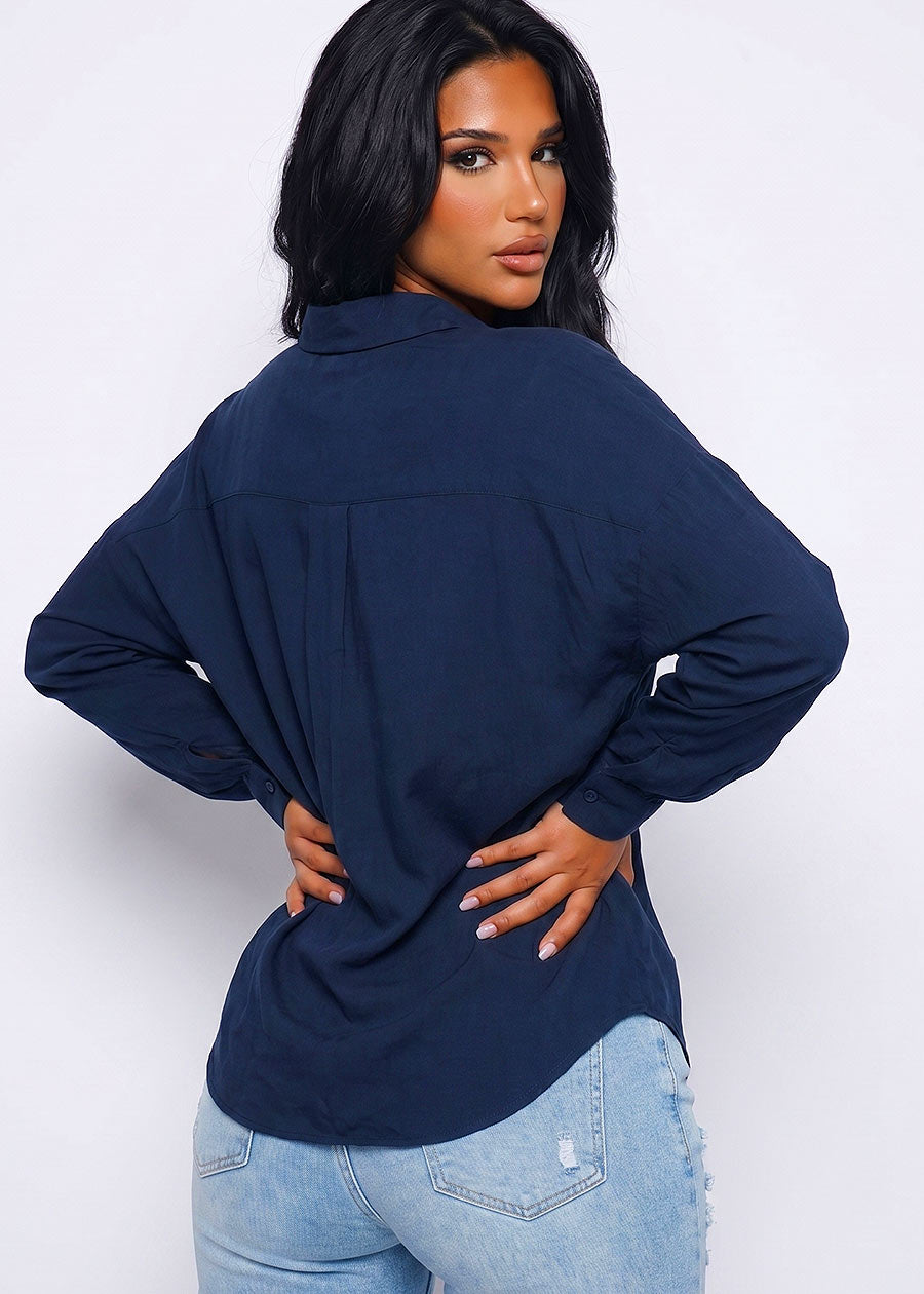 Long Sleeve Button Down Oversized Shirt Navy, view 2 of 2