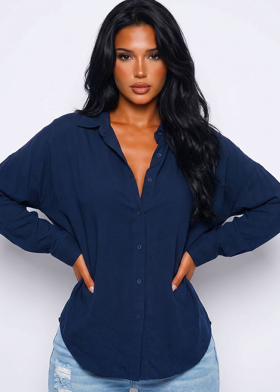 Long Sleeve Button Down Oversized Shirt Navy, view 1 of 2