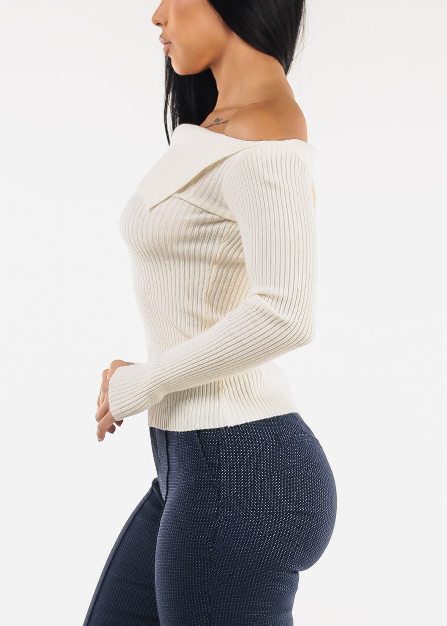 Asymmetrical Neckline Long Sleeve Stretch Sweater Ivory
