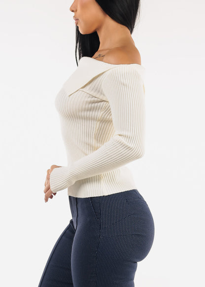 Asymmetrical Neckline Long Sleeve Stretch Sweater Ivory