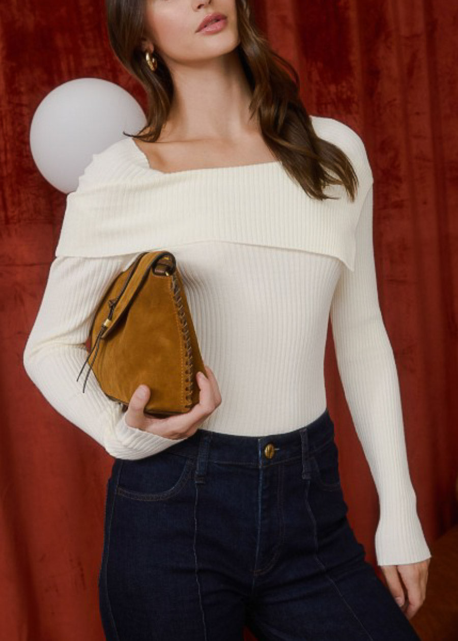 Asymmetrical Neckline Long Sleeve Stretch Sweater Ivory