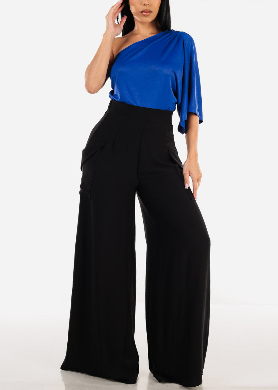 One Shoulder Royal Blue Stretchy Blouse