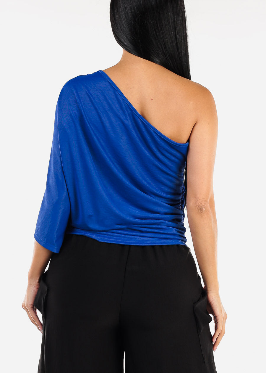 One Shoulder Royal Blue Stretchy Blouse