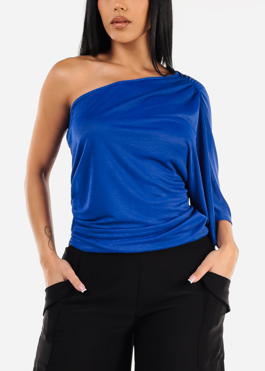 One Shoulder Royal Blue Stretchy Blouse