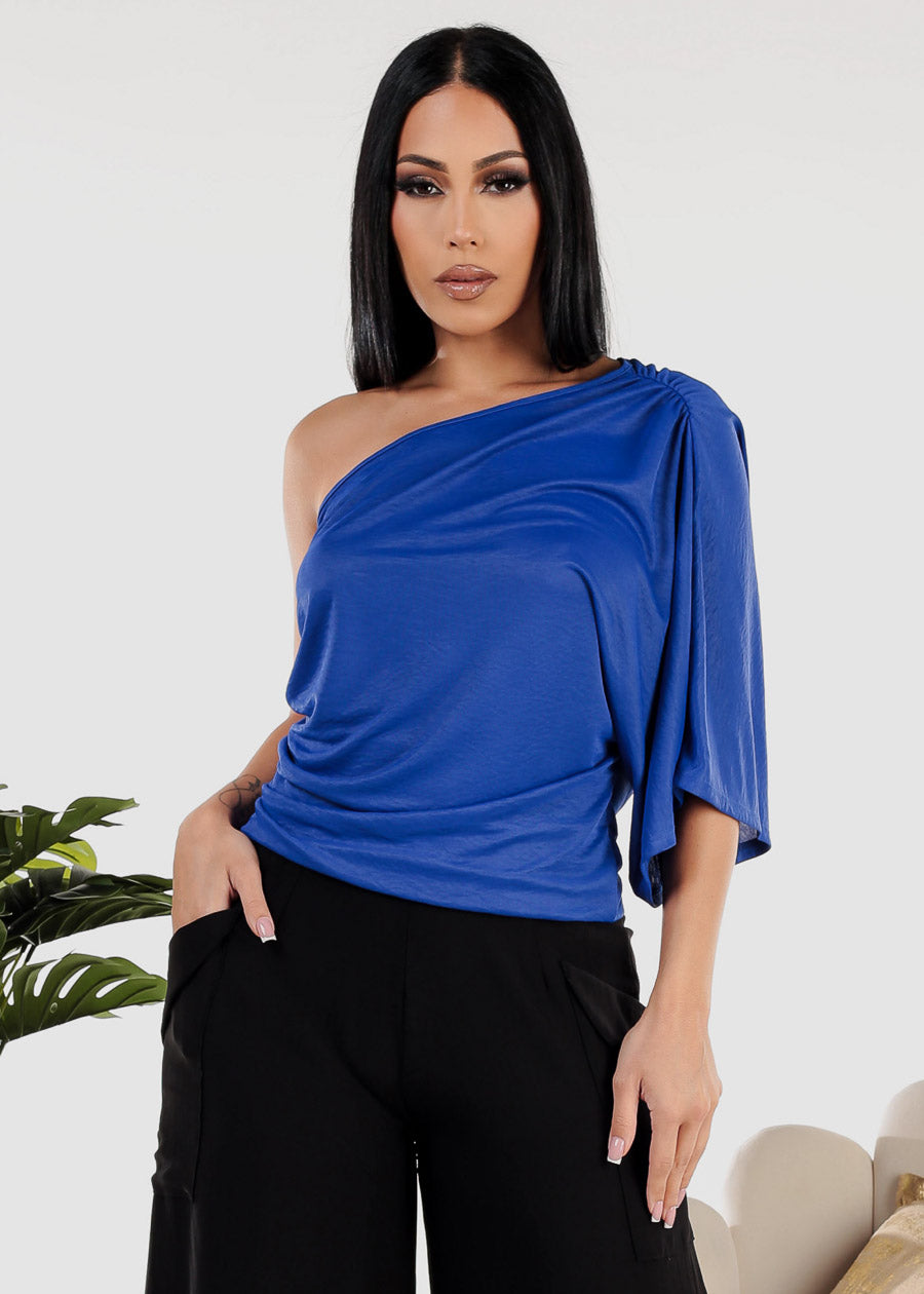 One Shoulder Royal Blue Stretchy Blouse