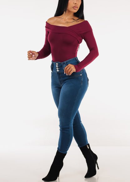 Off Shoulder Long Sleeve Stretch Top Burgundy