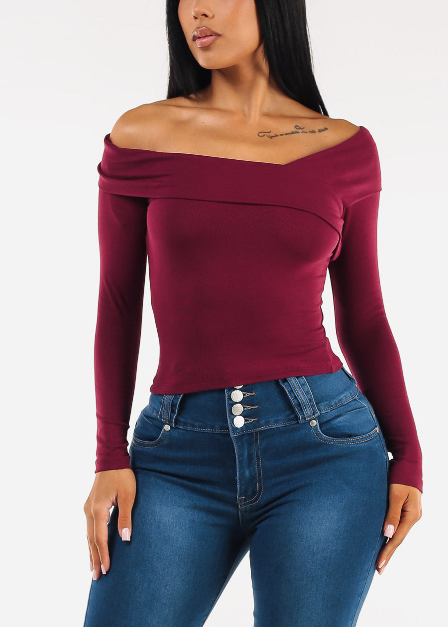 Off Shoulder Long Sleeve Stretch Top Burgundy