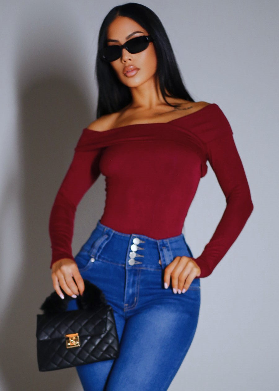 Off Shoulder Long Sleeve Stretch Top Burgundy