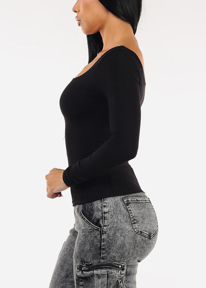 Stretchy Long Sleeve Square Neck Ribbed Top Black