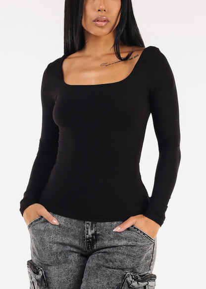 Stretchy Long Sleeve Square Neck Ribbed Top Black