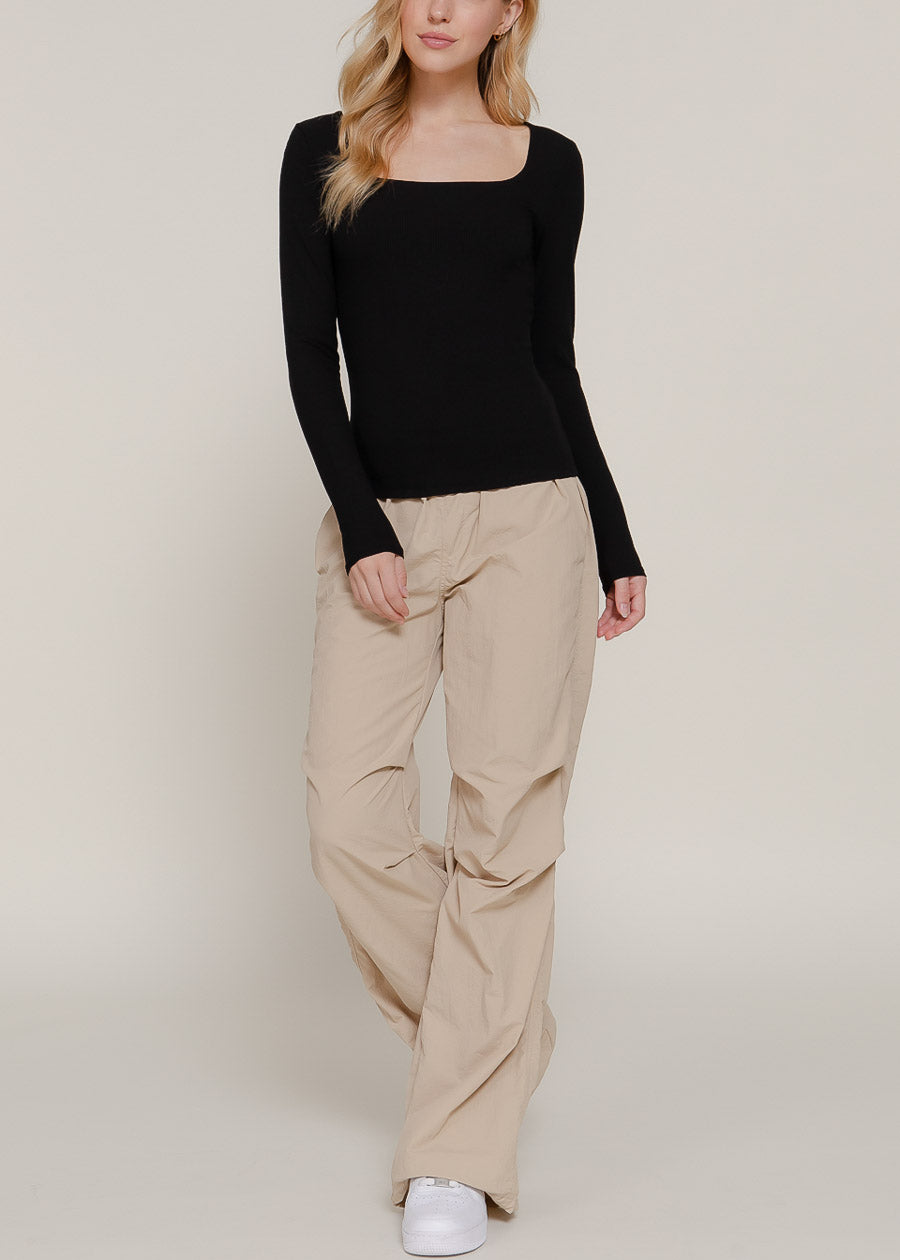 Stretchy Long Sleeve Square Neck Ribbed Top Black