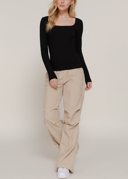 Stretchy Long Sleeve Square Neck Ribbed Top Black