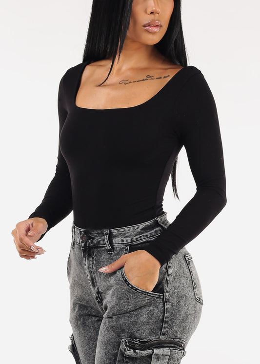 Stretchy Long Sleeve Square Neck Ribbed Top Black