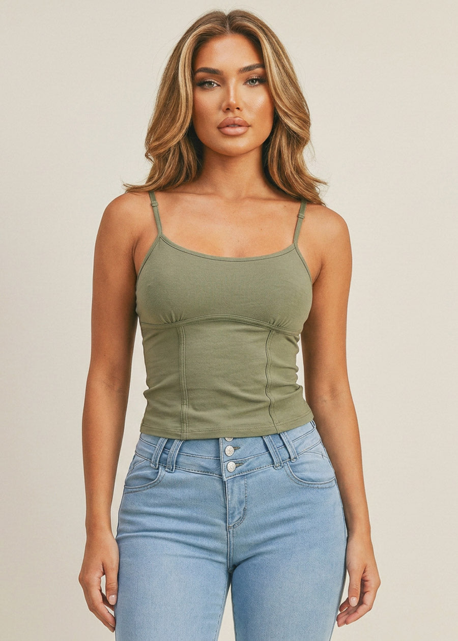 Sleeveless  Scoop Neck Corset Style Stretch Crop Top Olive