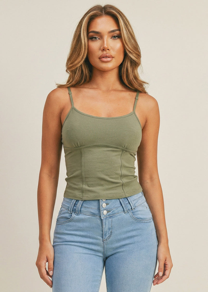 Sleeveless  Scoop Neck Corset Style Stretch Crop Top Olive