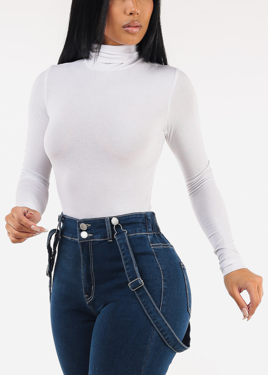 Stretchy Long Sleeve Turtleneck Ribbed Bodysuit White