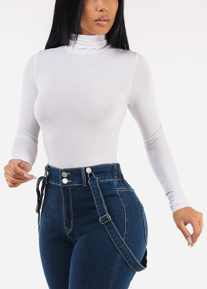 Stretchy Long Sleeve Turtleneck Ribbed Bodysuit White
