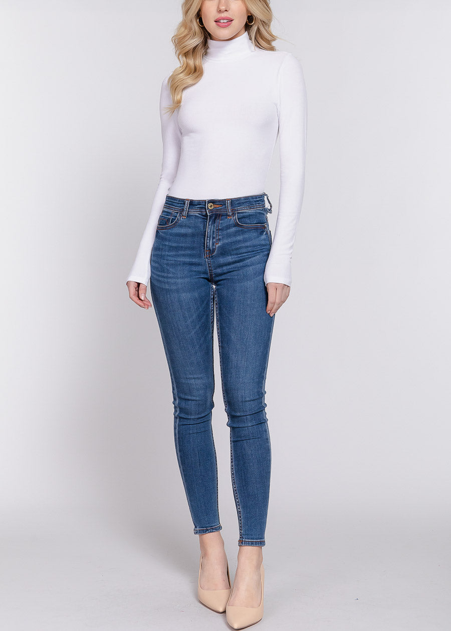 Stretchy Long Sleeve Turtleneck Ribbed Bodysuit White