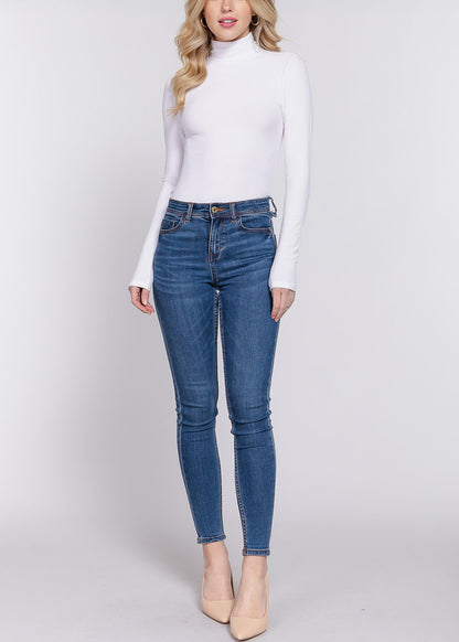 Stretchy Long Sleeve Turtleneck Ribbed Bodysuit White