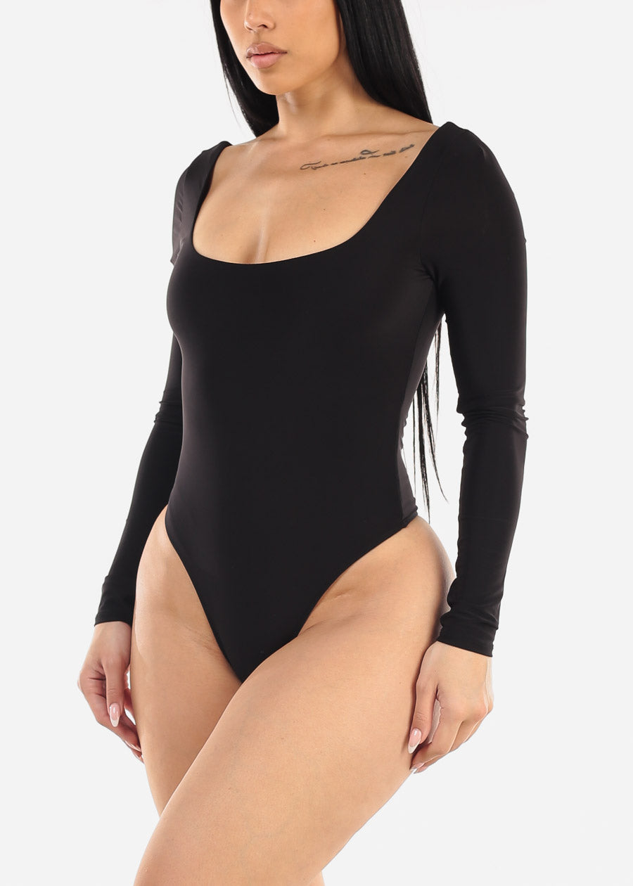 Long Sleeve Square Neck Black Thong Bodysuit