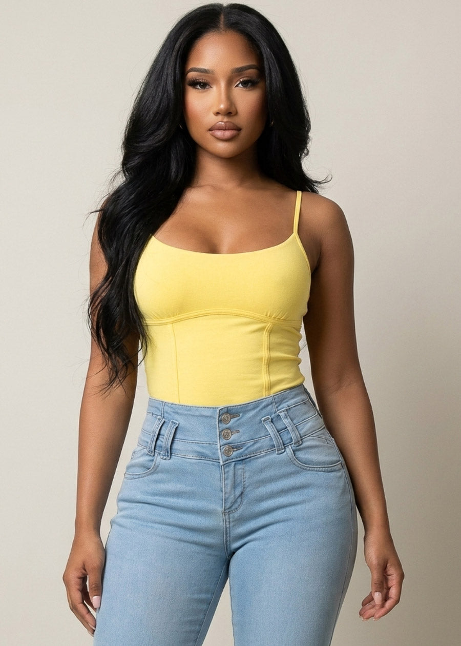 Sleeveless  Scoop Neck Corset Style Stretch Crop Top Yellow