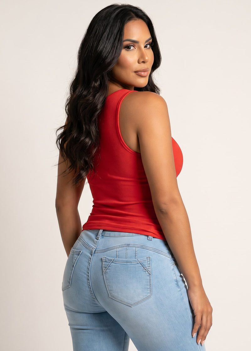 Sleeveless Square Neckline Stretch Tank Top Red