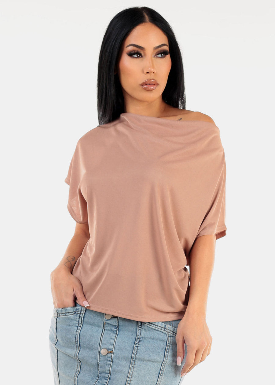 Asymmetrical Neckline Top Taupe