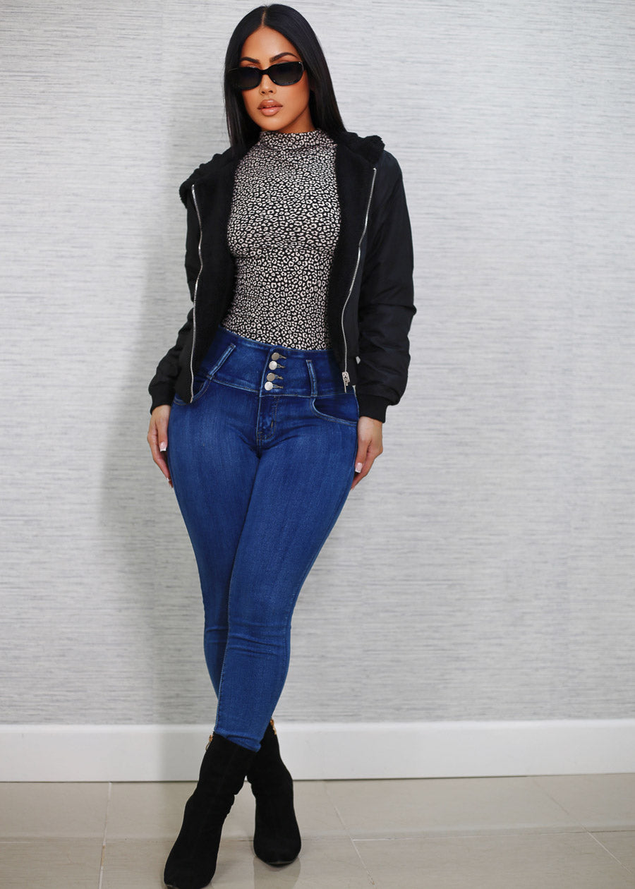 Long Sleeve Mock Neck Animal Print Stretch Top Black