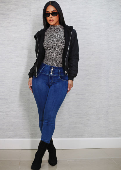 Long Sleeve Mock Neck Animal Print Stretch Top Black