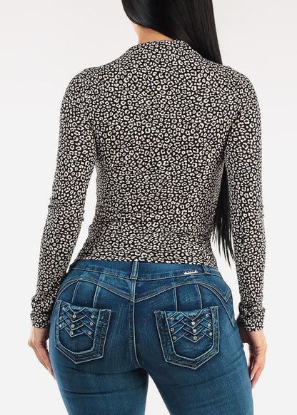 Long Sleeve Mock Neck Animal Print Stretch Top Black