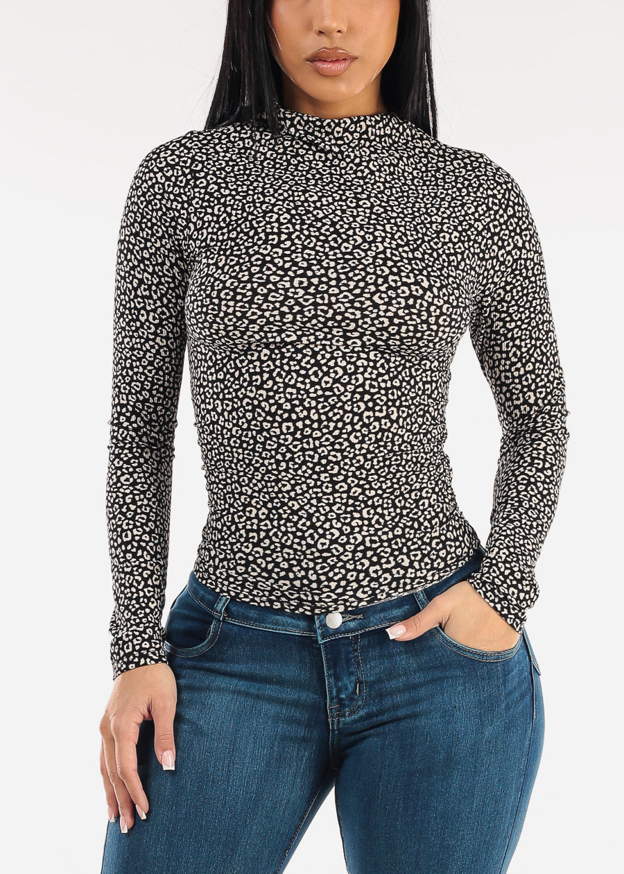 Long Sleeve Mock Neck Animal Print Stretch Top Black