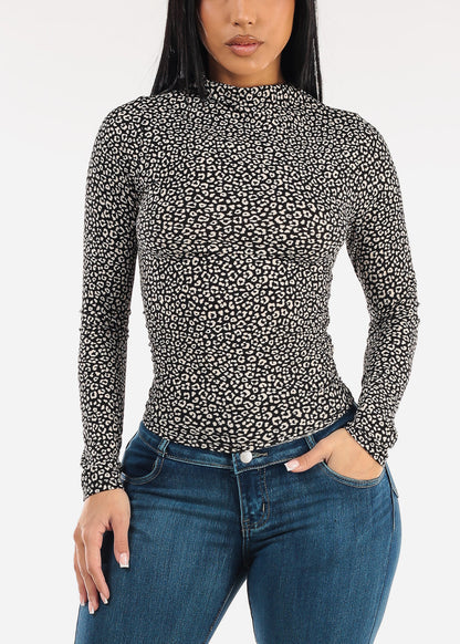 Long Sleeve Mock Neck Animal Print Stretch Top Black