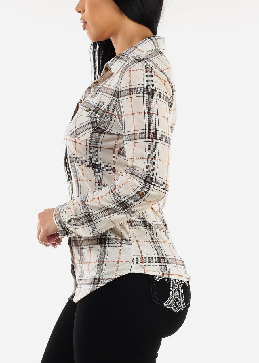 Long Sleeve Button Up Plaid Shirt Ivory