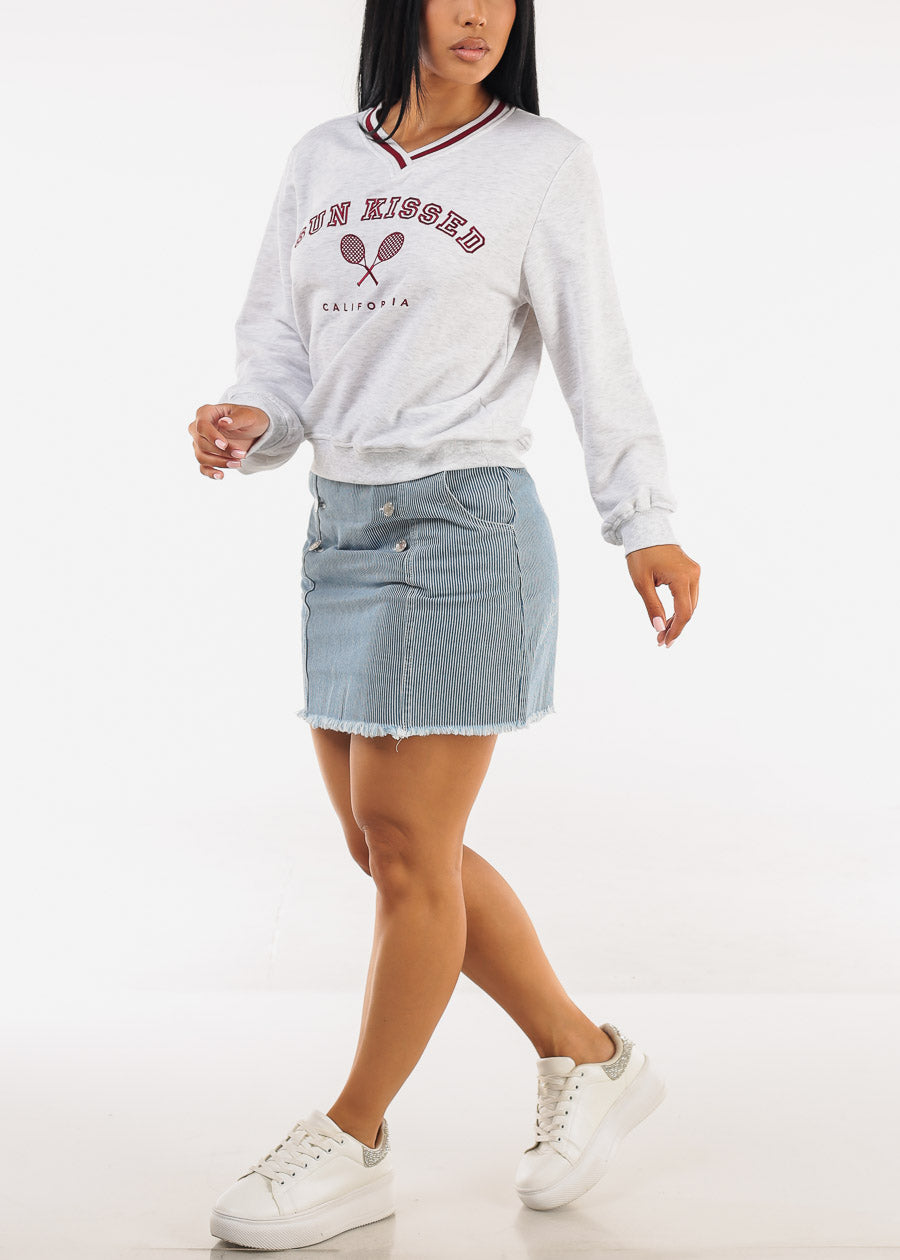 Stretchy Long Sleeve Vneck Graphic Sweatshirt Grey