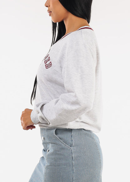 Stretchy Long Sleeve Vneck Graphic Sweatshirt Grey