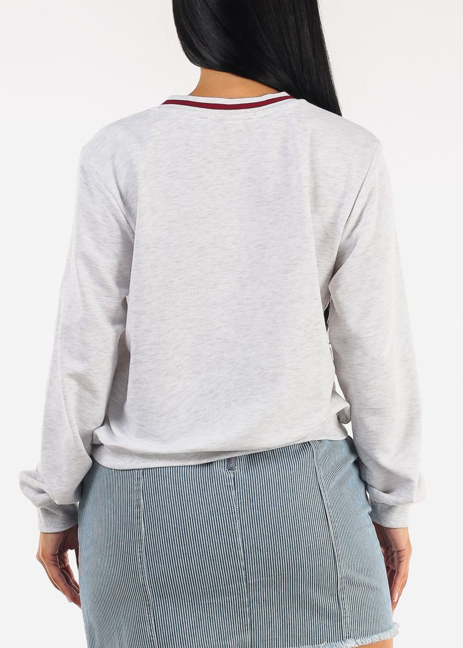 Stretchy Long Sleeve Vneck Graphic Sweatshirt Grey