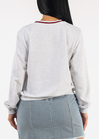 Stretchy Long Sleeve Vneck Graphic Sweatshirt Grey