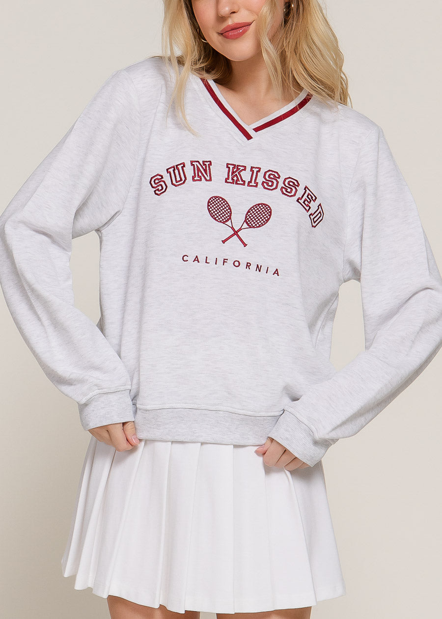 Stretchy Long Sleeve Vneck Graphic Sweatshirt Grey