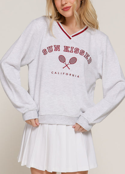 Stretchy Long Sleeve Vneck Graphic Sweatshirt Grey