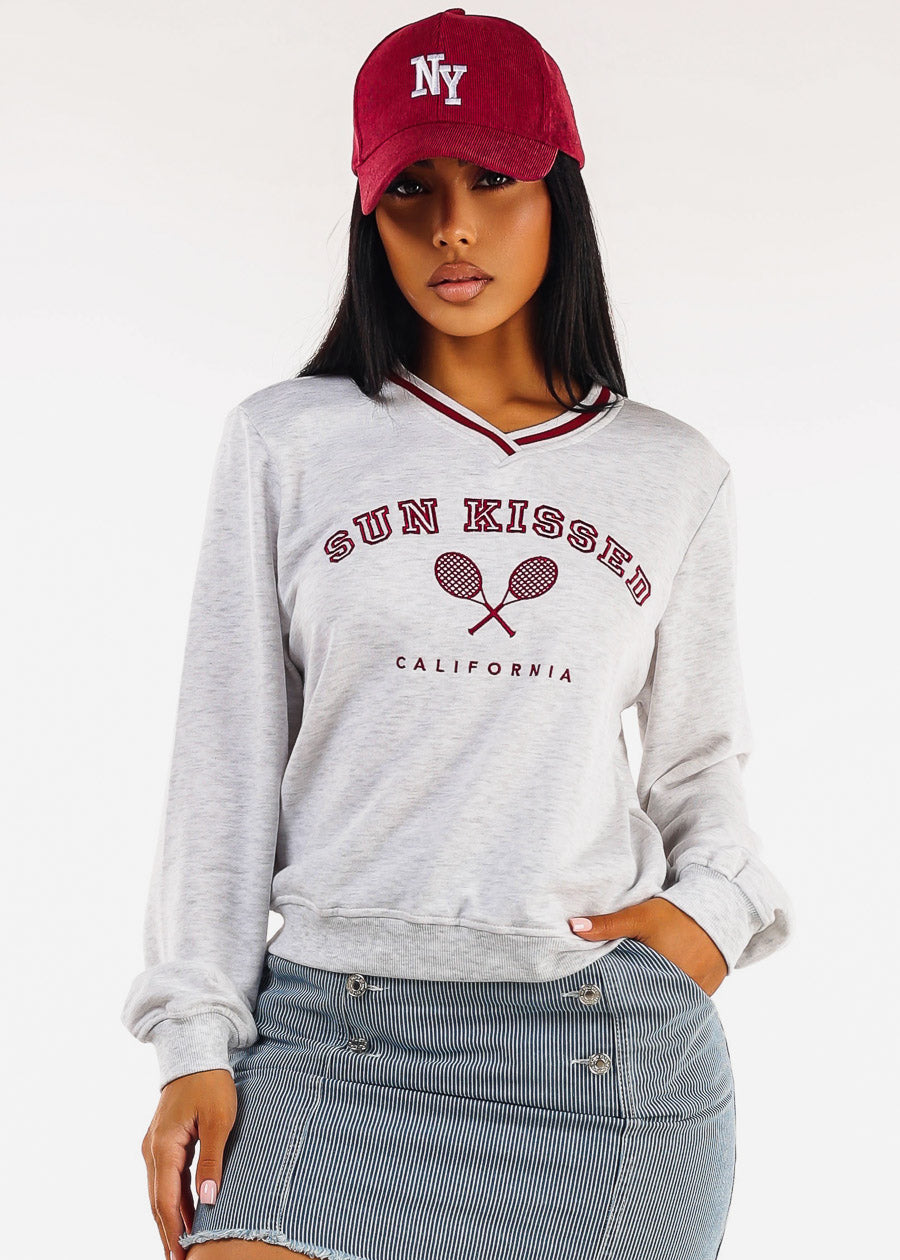 Stretchy Long Sleeve Vneck Graphic Sweatshirt Grey