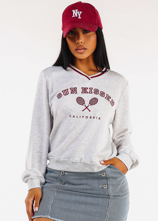 Stretchy Long Sleeve Vneck Graphic Sweatshirt Grey
