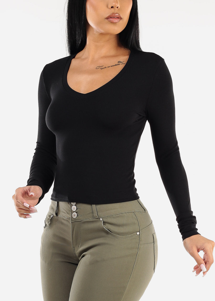 Black Long Sleeve V-Neck Rib Knit Top