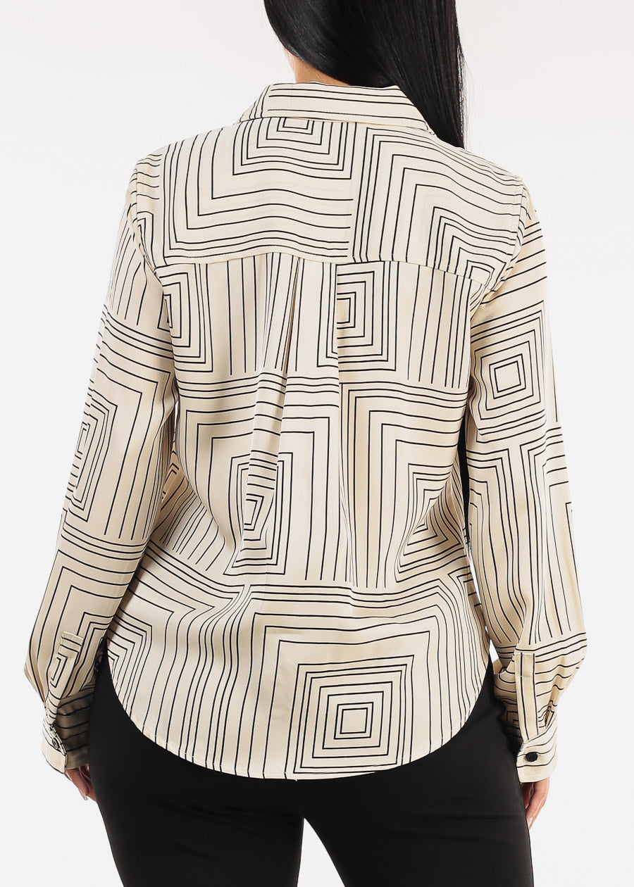 Long Sleeve Button Up Printed Collared Blouse Ivory