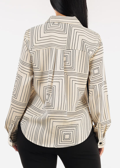 Long Sleeve Button Up Printed Collared Blouse Ivory